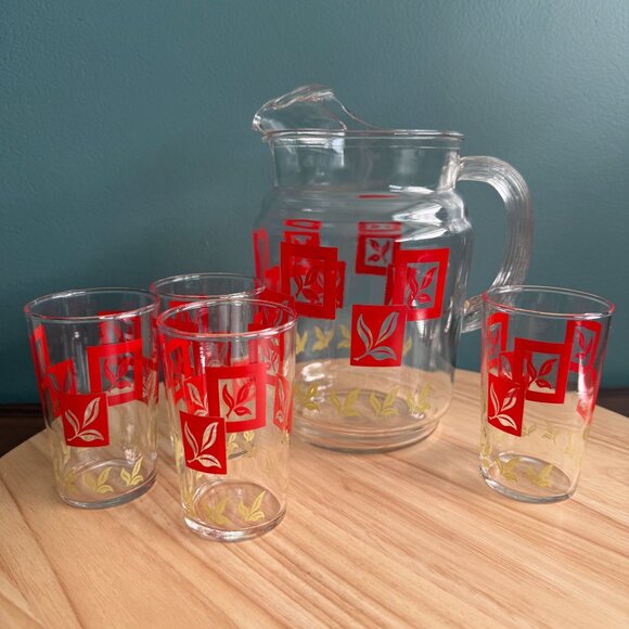 Federal Glass Co Set Juice Pitcher and Glasses Art Deco Red Yellow Mid Century - Picture 16 of 16